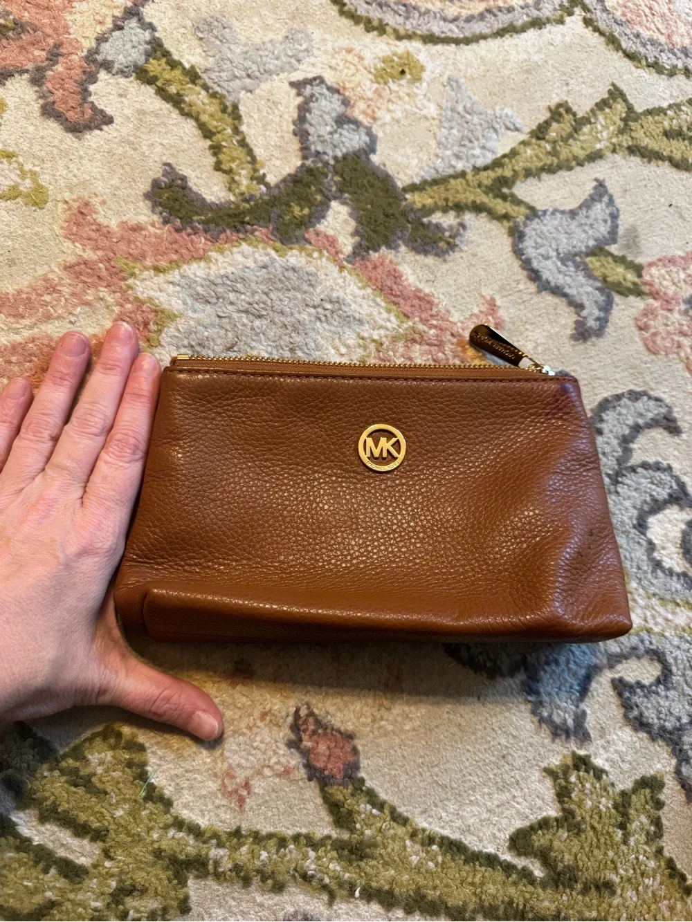 Michael Kors Brown Leather Cosmetic Pouch with Gold Logo
